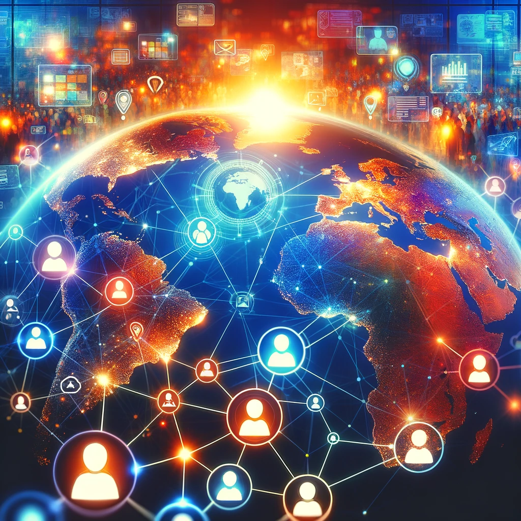 Vibrant global map with glowing connections between continents, surrounded by diverse people and digital devices, symbolizing the extensive reach of a professional website across the world.