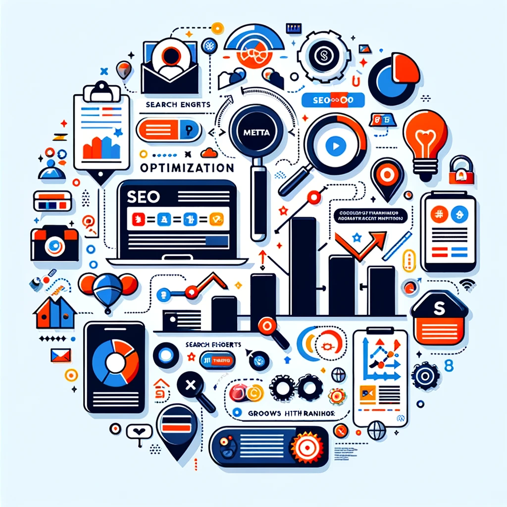 Illustrative guide to SEO optimization, highlighting key elements like search engine icons, keyword optimization, and meta tags, demonstrating how these factors contribute to increasing a website's visibility in search results.