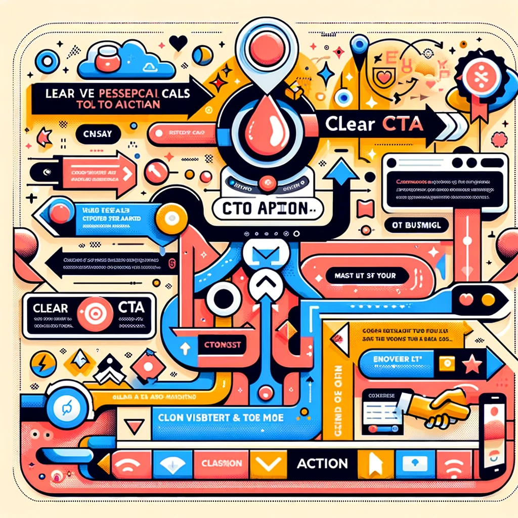 Detailed infographic on the importance of clear CTAs in website design, showcasing buttons, arrows, and action-oriented language, with best practices for effective CTAs such as contrasting colors and strategic placement to guide user actions.