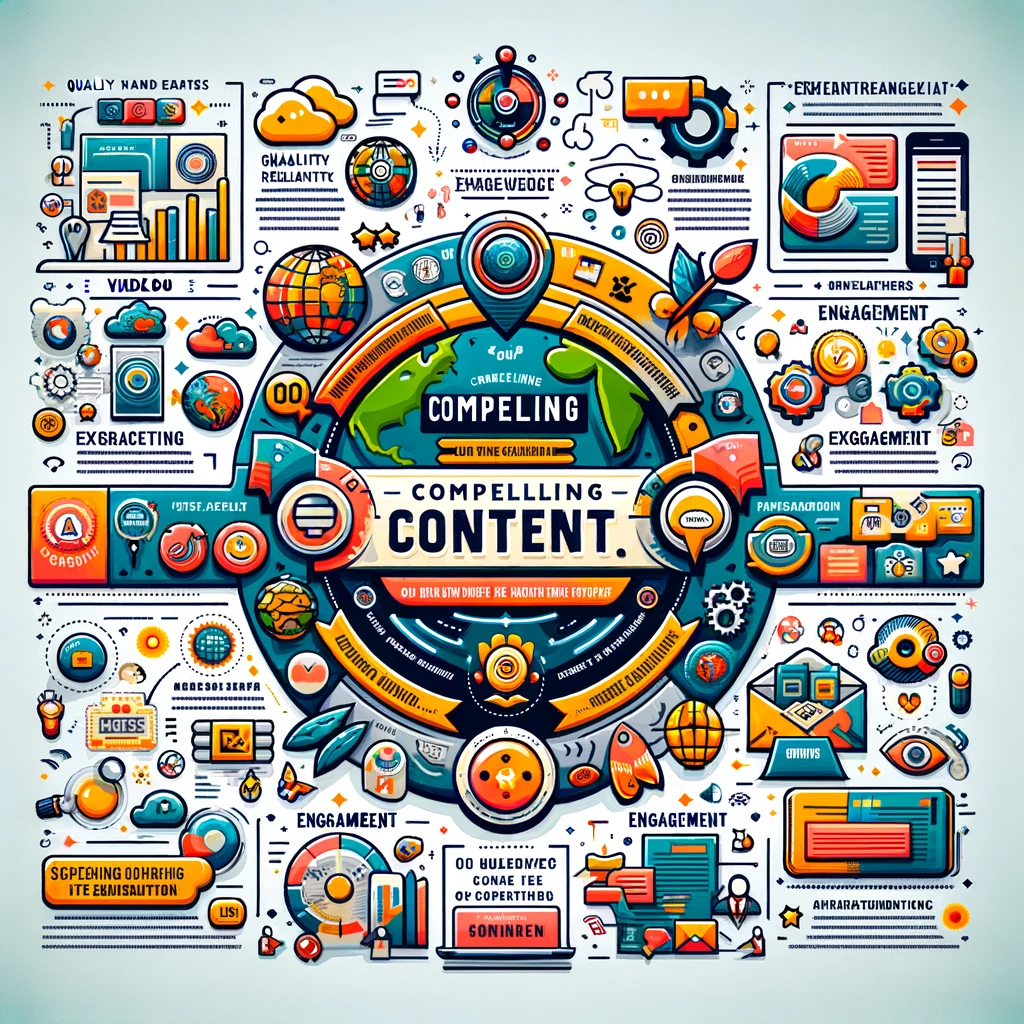 Visual representation of the significance of compelling content on a website, featuring icons for various types of media such as articles, videos, and infographics, alongside symbols for engagement like comments and shares.