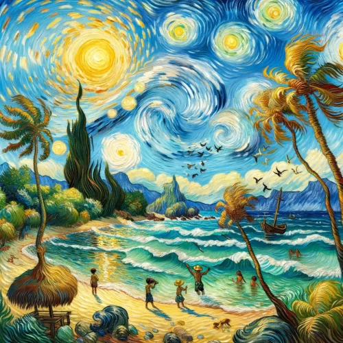 DALL·E 2024-02-02 15.14.51 - Transform the idyllic island scene into an oil painting reminiscent of Van Gogh's style, emphasizing swirling skies, vibrant colors, and dynamic brush