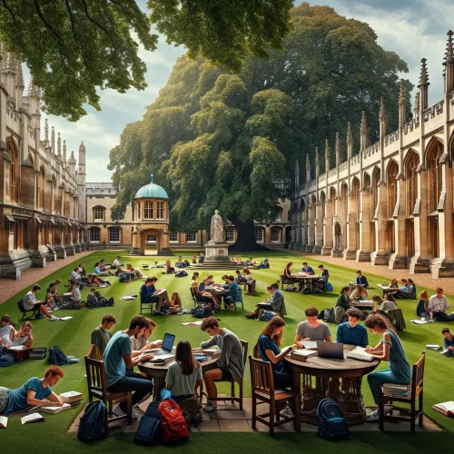 DALL·E 2024-02-26 13.34.39 - A serene and inspiring scene outside Cambridge University, depicting a diverse group of students immersed in their studies. The setting is an ancient
