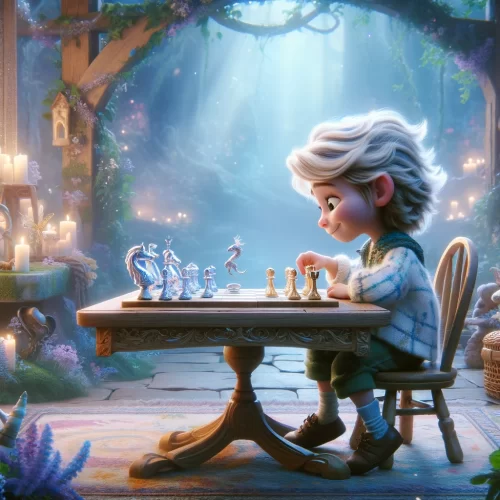 DALL·E 2024-02-28 11.41.36 - Using the character from the image with the generation ID TjNwfBEHIs7QNm3t, illustrate them engaging in a chess game. The character sits at a magical,
